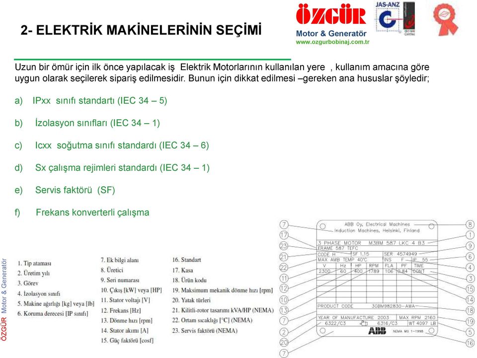 Bunun için dikkat edilmesi gereken ana hususlar şöyledir; a) IPxx sınıfı standartı (IEC 34 5) b) İzolasyon