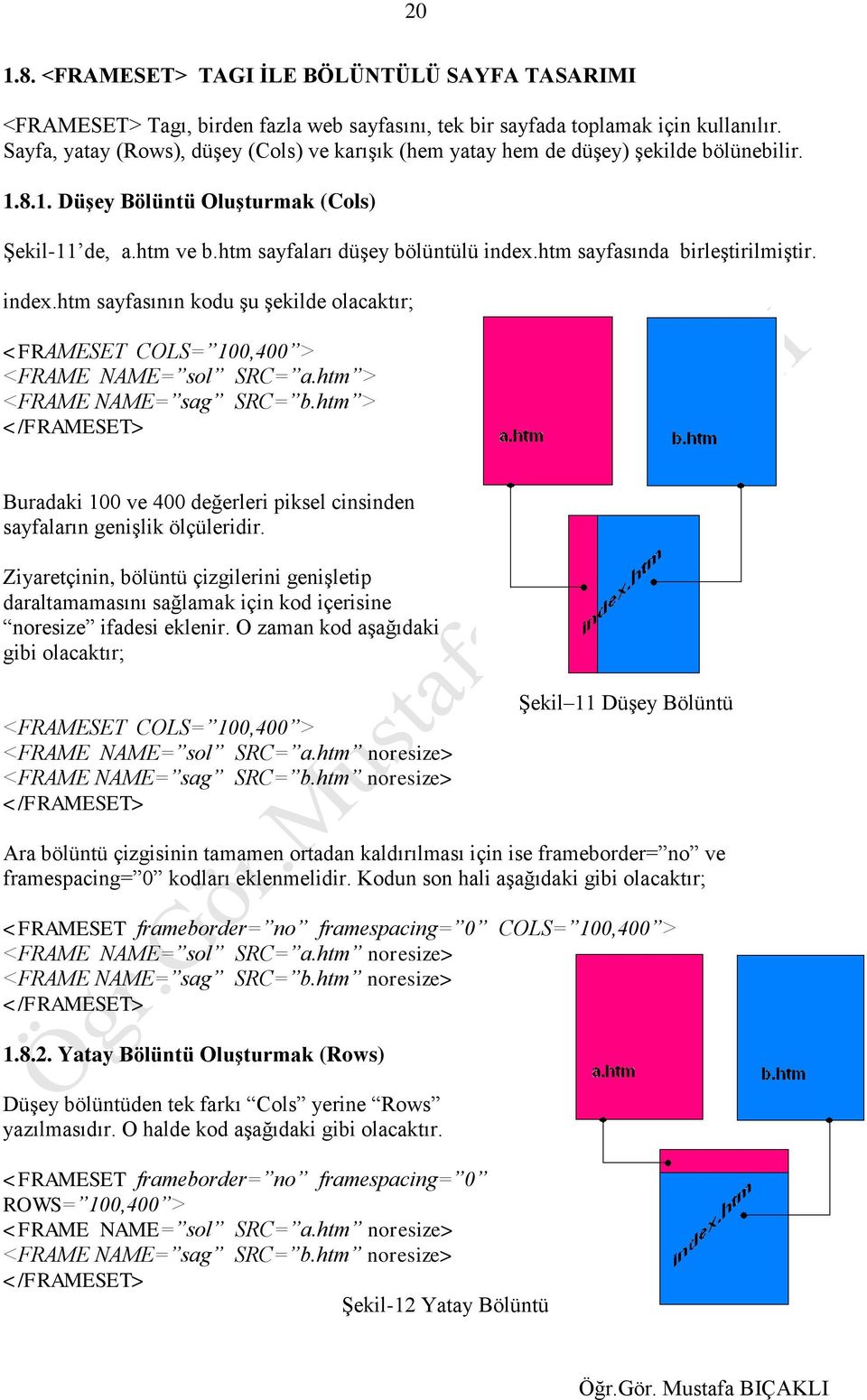 htm sayfasında birleştirilmiştir. index.htm sayfasının kodu şu şekilde olacaktır; <FRAMESET COLS= 100,400 > <FRAME NAME= sol SRC= a.htm > <FRAME NAME= sag SRC= b.