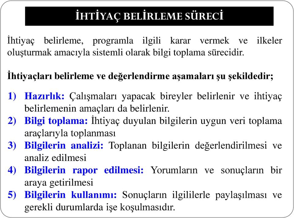 2) Bilgi toplama: İhtiyaç duyulan bilgilerin uygun veri toplama araçlarıyla toplanması 3) Bilgilerin analizi: Toplanan bilgilerin değerlendirilmesi ve analiz