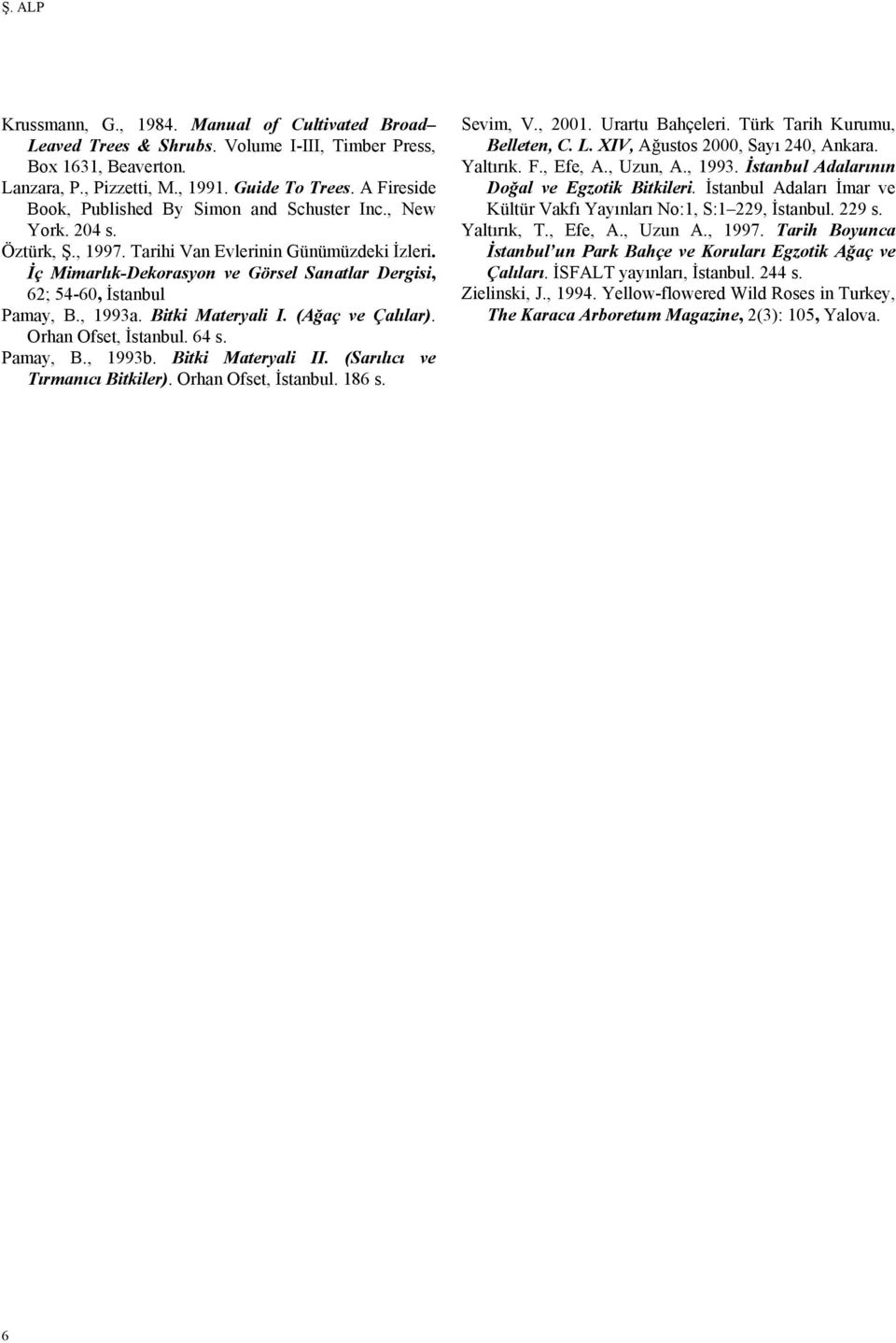 İç Mimarlık-Dekorasyon ve Görsel Sanatlar Dergisi, 62; 54-60, İstanbul Pamay, B., 1993a. Bitki Materyali I. (Ağaç ve Çalılar). Orhan Ofset, İstanbul. 64 s. Pamay, B., 1993b. Bitki Materyali II.