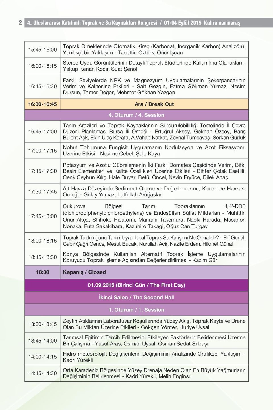 Magnezyum Uygulamalarının Şekerpancarının Verim ve Kalitesine Etkileri - Sait Gezgin, Fatma Gökmen Yılmaz, Nesim Dursun, Tamer Değer, Mehmet Gökhan Yazgan 16:30-16:45 Ara / Break Out 4. Oturum / 4.