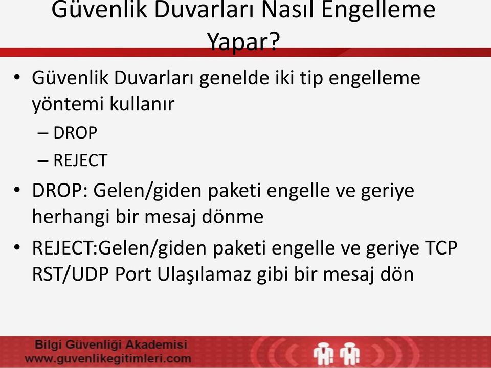 REJECT DROP: Gelen/giden paketi engelle ve geriye herhangi bir mesaj