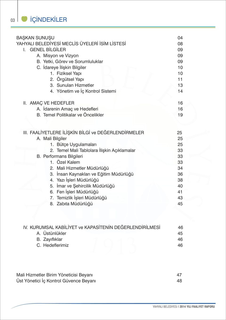 FAALİYETLERE İLİŞKİN BİLGİ ve DEĞERLENDİRMELER 25 A. Mali Bilgiler 25 1. Bütçe Uygulamaları 25 2. Temel Mali Tablolara İlişkin Açıklamalar 33 B. Performans Bilgileri 33 1. Özel Kalem 33 2.