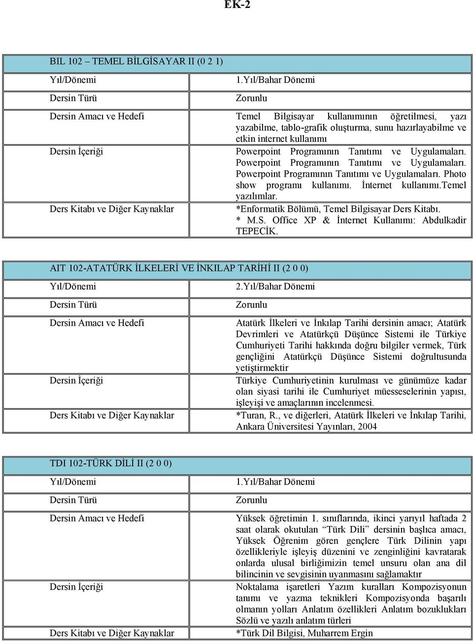 *Enformatik Bölümü, Temel Bilgisayar Ders Kitabı. * M.S. Office XP & İnternet Kullanımı: Abdulkadir TEPECİK. AIT 102-ATATÜRK İLKELERİ VE İNKILAP TARİHİ II (2 0 0) 2.