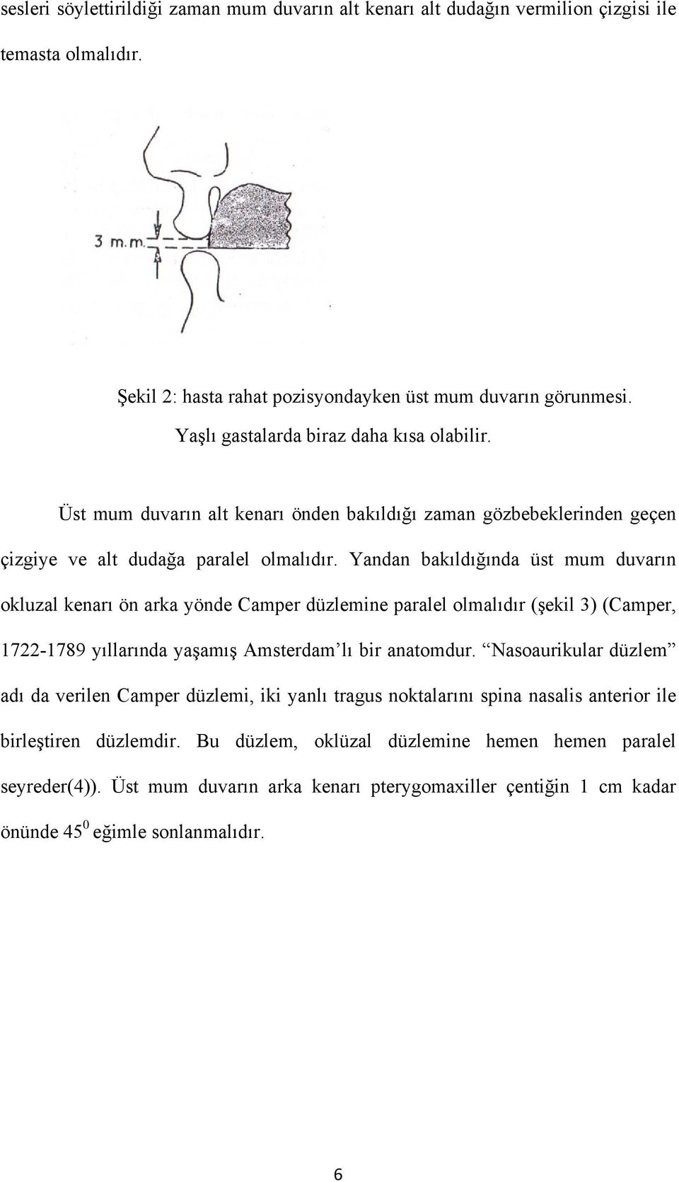 Yandan bakıldığında üst mum duvarın okluzal kenarı ön arka yönde Camper düzlemine paralel olmalıdır (şekil 3) (Camper, 1722-1789 yıllarında yaşamış Amsterdam lı bir anatomdur.