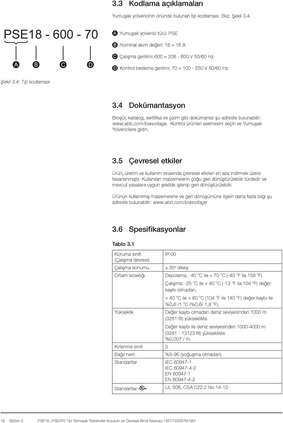 4: Tip kodlaması 3.4 Dokümantasyon Broşür, katalog, sertifika ve çizim gibi dokümanlar şu adreste bulunabilir: www.abb.com/lowvoltage. Kontrol ürünleri sekmesini seçin ve Yumuşak Yolvericilere gidin.