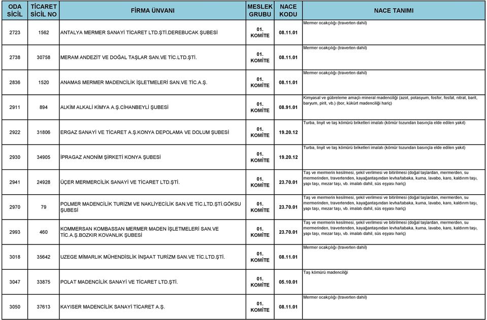 ) (bor, kükürt madenciliği hariç) 2922 31806 ERGAZ SANAYİ VE A.Ş.KONYA DEPOLAMA VE DOLUM ŞUBESİ 01. 19.