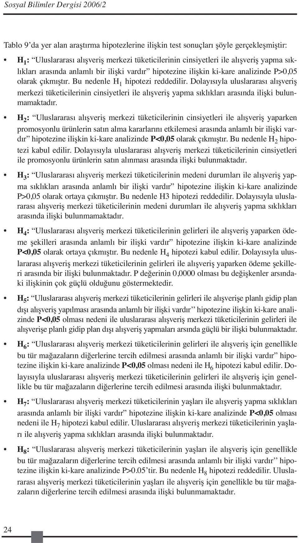 Dolayısıyla uluslararası alışveriş merkezi tüketicilerinin cinsiyetleri ile alışveriş yapma sıklıkları arasında ilişki bulunmamaktadır.