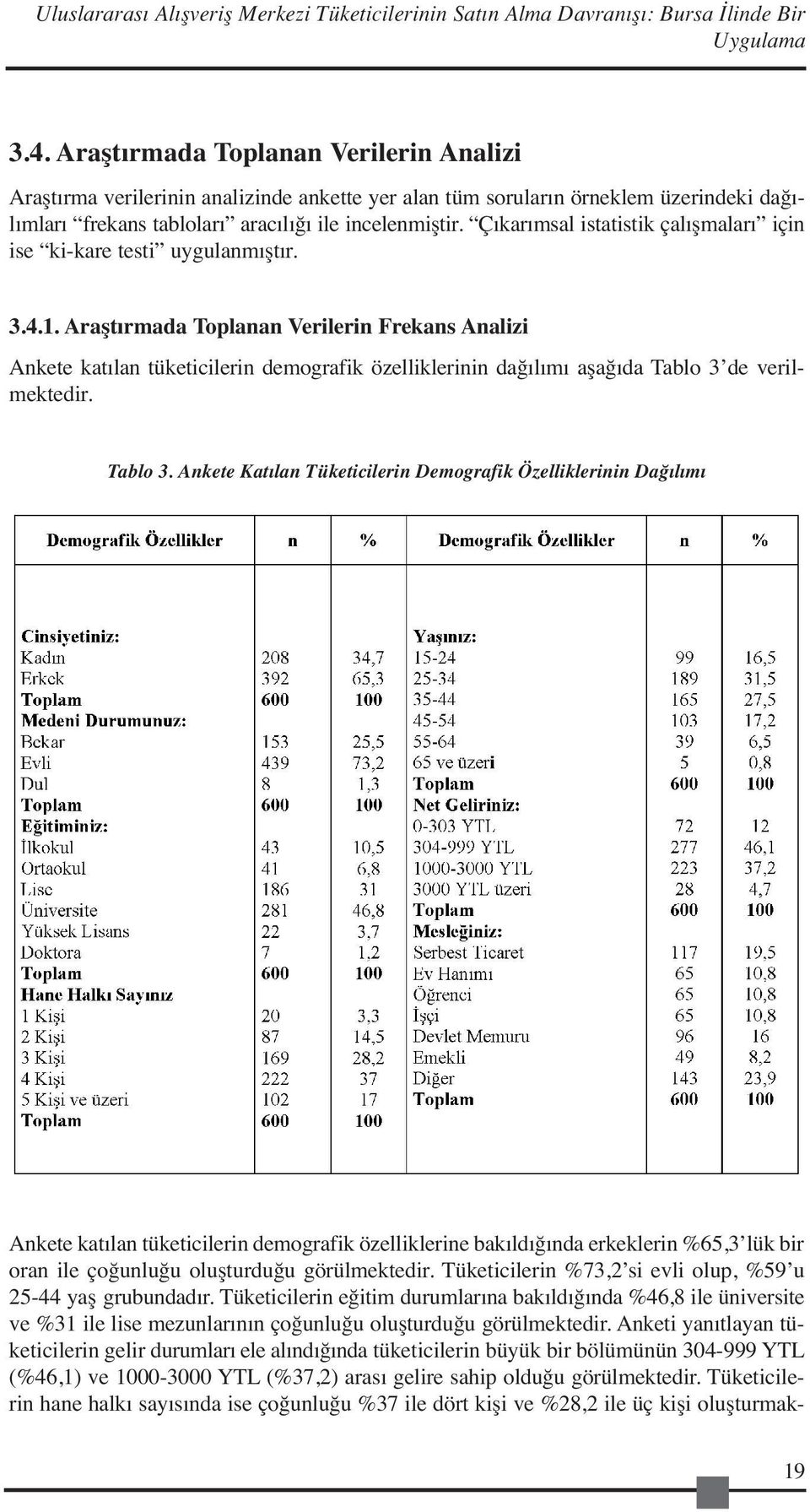 Çıkarımsal istatistik çalışmaları için ise ki-kare testi uygulanmıştır. 3.4.1.