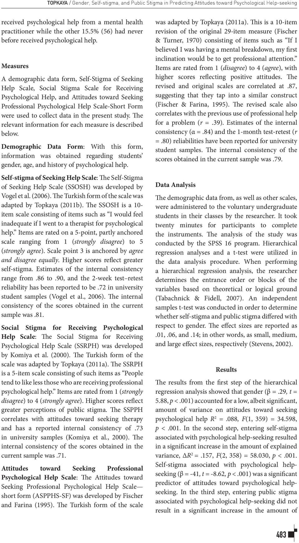 Measures A demographic data form, Self-Stigma of Seeking Help Scale, Social Stigma Scale for Receiving Psychological Help, and Attitudes toward Seeking Professional Psychological Help Scale-Short