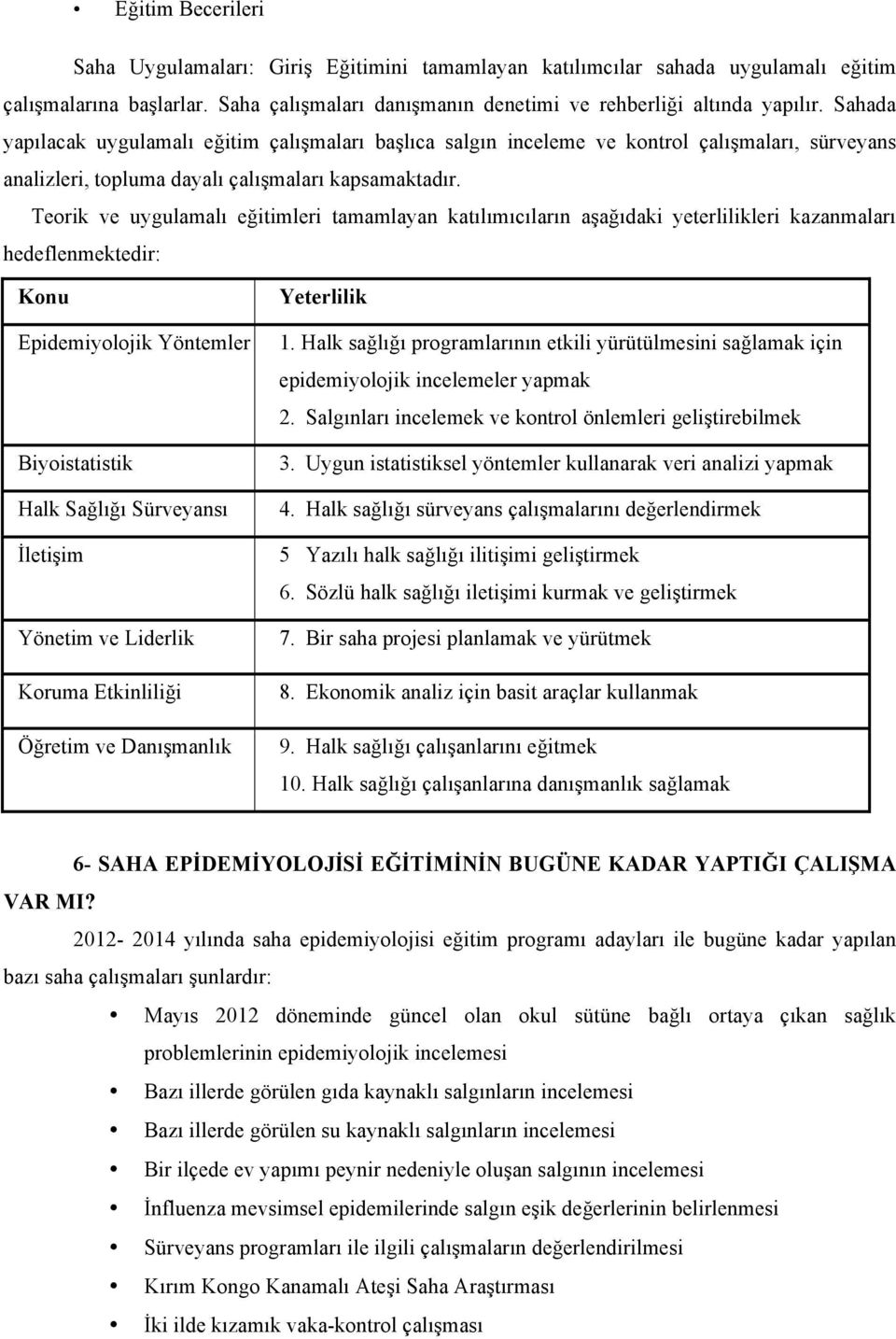 Teorik ve uygulamalı eğitimleri tamamlayan katılımıcıların aşağıdaki yeterlilikleri kazanmaları hedeflenmektedir: Konu Epidemiyolojik Yöntemler Biyoistatistik Halk Sağlığı Sürveyansı İletişim Yönetim