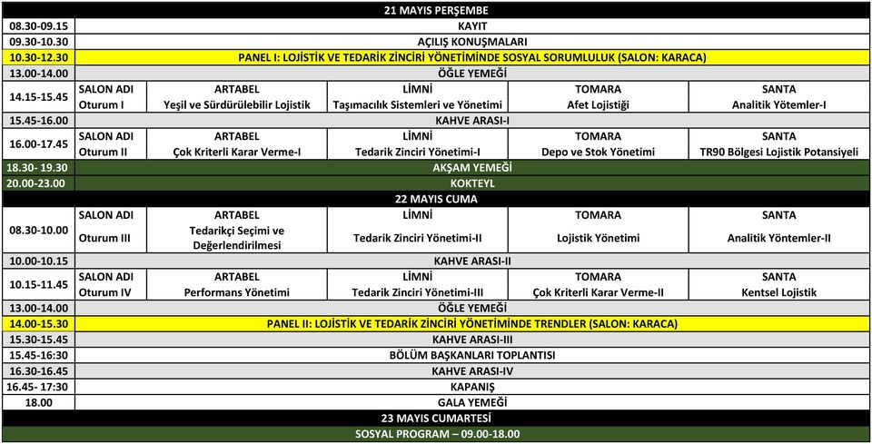45 SALON ADI Oturum II Çok Kriterli Karar Verme-I Tedarik Zinciri Yönetimi-I Depo ve Stok Yönetimi TR90 Bölgesi Lojistik Potansiyeli 18.30-19.30 AKŞAM YEMEĞİ 20.00-23.
