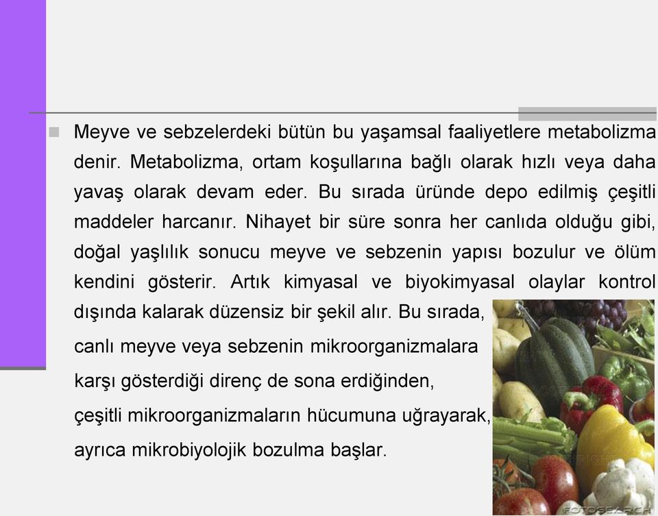 Nihayet bir süre sonra her canlıda olduğu gibi, doğal yaşlılık sonucu meyve ve sebzenin yapısı bozulur ve ölüm kendini gösterir.