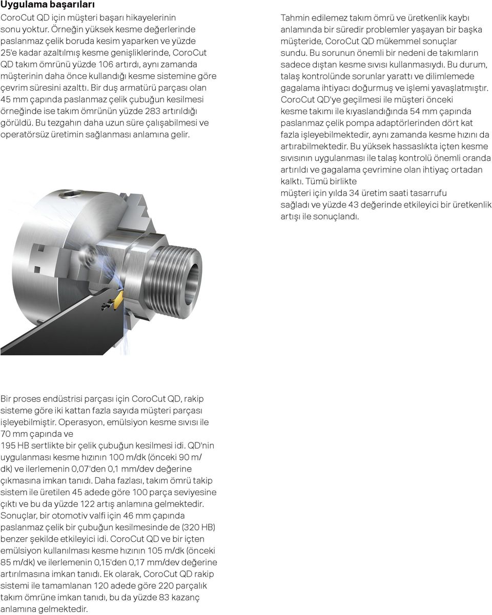 önce kullandığı kesme sistemine göre çevrim süresini azalttı. Bir duş armatürü parçası olan 45 mm çapında paslanmaz çelik çubuğun kesilmesi örneğinde ise takım ömrünün yüzde 283 artırıldığı görüldü.