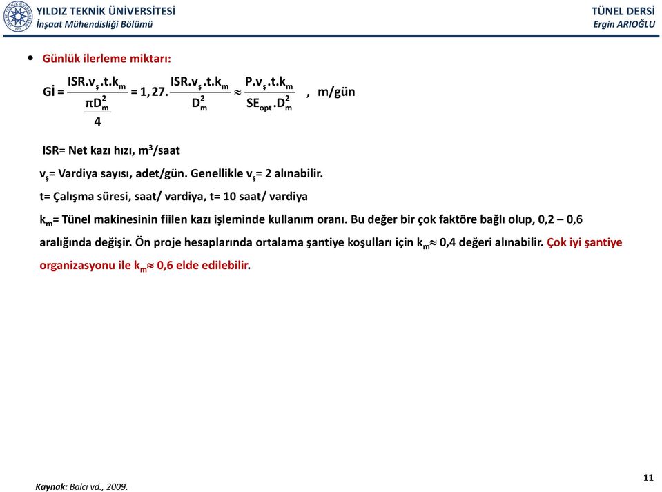 t= Çalışma süresi, saat/ vardiya, t= 10 saat/ vardiya k m = Tünel makinesinin fiilen kazı işleminde kullanım oranı.