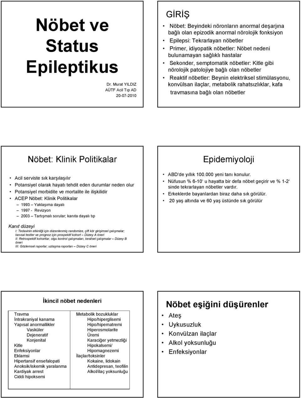 nöbetler: Nöbet nedeni bulunamayan sağlıklı hastalar Sekonder, semptomatik nöbetler: Kitle gibi nörolojik patolojiye bağlı olan nöbetler Reaktif nöbetler: Beynin elektriksel stimülasyonu, konvülsan