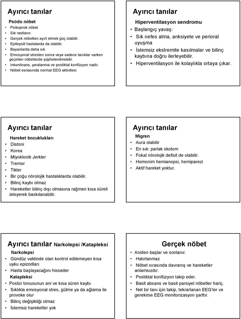 Nöbet esnasında normal EEG aktivitesi Ayırıcı tanılar Hiperventilasyon sendromu Başlangıç yavaş: Sık nefes alma, anksiyete ve perioral uyuşma İstemsiz ekstremite kasılmalar ve bilinç kaybına doğru