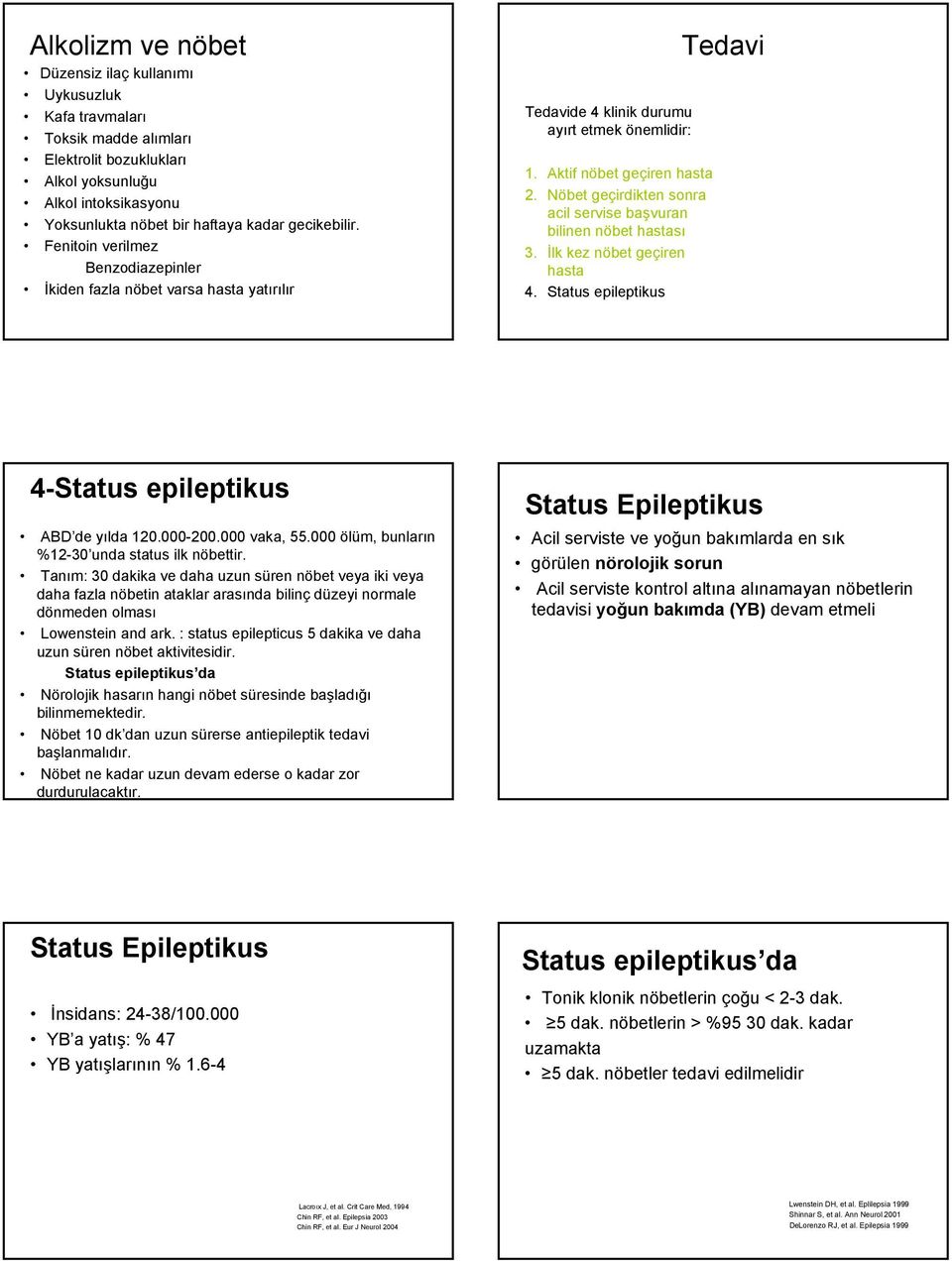 Nöbet geçirdikten sonra acil servise başvuran bilinen nöbet hastası 3. İlk kez nöbet geçiren hasta 4. Status epileptikus Tedavi 4-Status epileptikus ABD de yılda 120.000-200.000 vaka, 55.