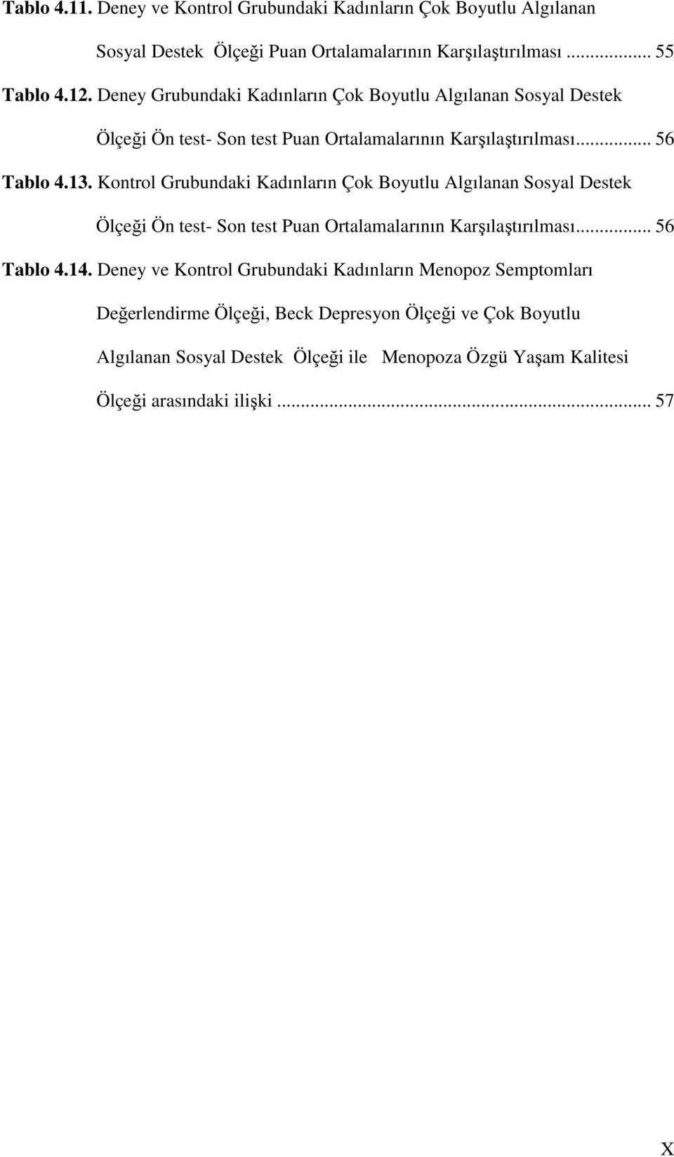 Kontrol Grubundaki Kadınların Çok Boyutlu Algılanan Sosyal Destek Ölçeği Ön test- Son test Puan Ortalamalarının Karşılaştırılması... 56 Tablo 4.14.