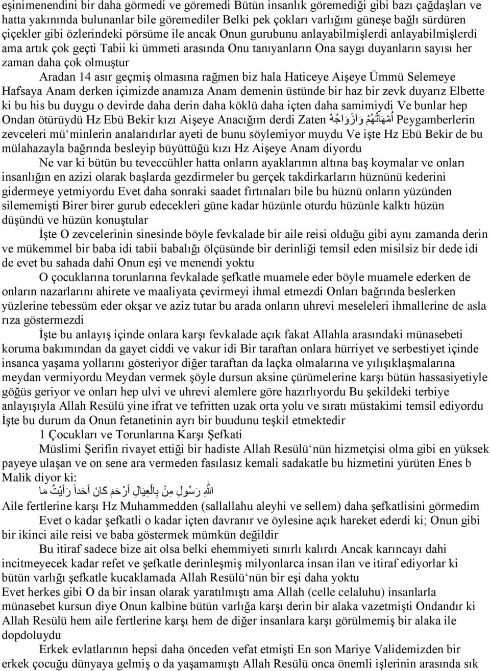 olmuştur Aradan 14 asır geçmiş olmasına rağmen biz hala Haticeye Aişeye Ümmü Selemeye Hafsaya Anam derken içimizde anamıza Anam demenin üstünde bir haz bir zevk duyarız Elbette ki bu his bu duygu o