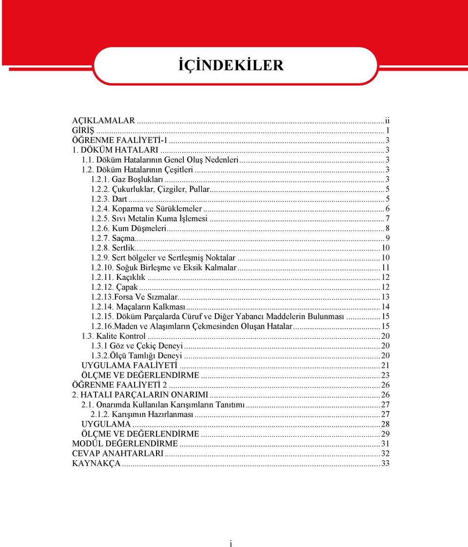 ..10 1.2.10. Soğuk Birleşme ve Eksik Kalmalar...11 1.2.11. Kaçıklık...12 1.2.12. Çapak...12 1.2.13.Forsa Ve Sızmalar...13 1.2.14. Maçaların Kalkması...14 1.2.15.