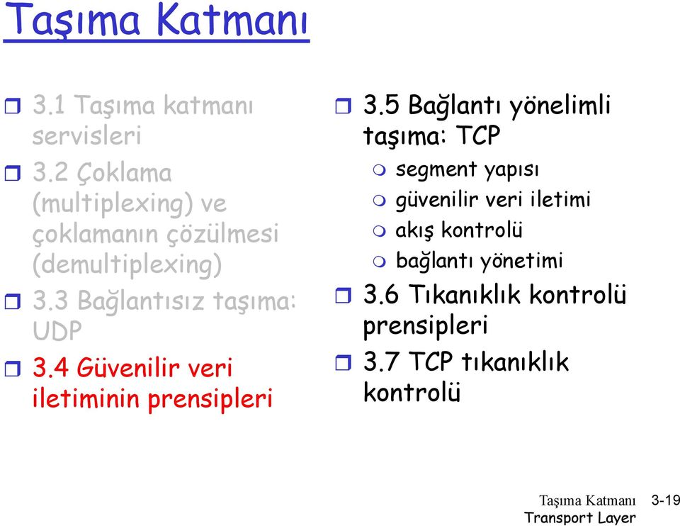 3 Bağlantısız taşıma: UDP 3.4 Güvenilir veri iletiminin prensipleri 3.