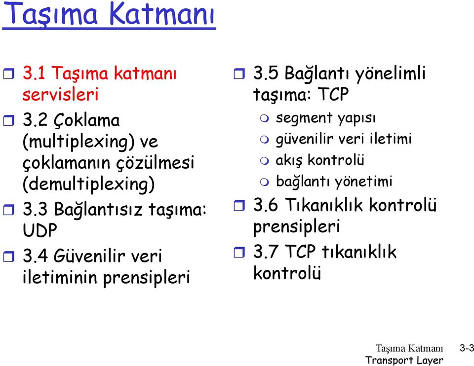 3 Bağlantısız taşıma: UDP 3.4 Güvenilir veri iletiminin prensipleri 3.