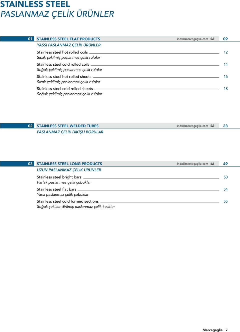 inox@marcegaglia.com 09 12 14 16 18 02 STAINLESS STEEL WELDED TUBES PASLANMAZ ÇELİK DİKİŞLİ BORULAR inox@marcegaglia.