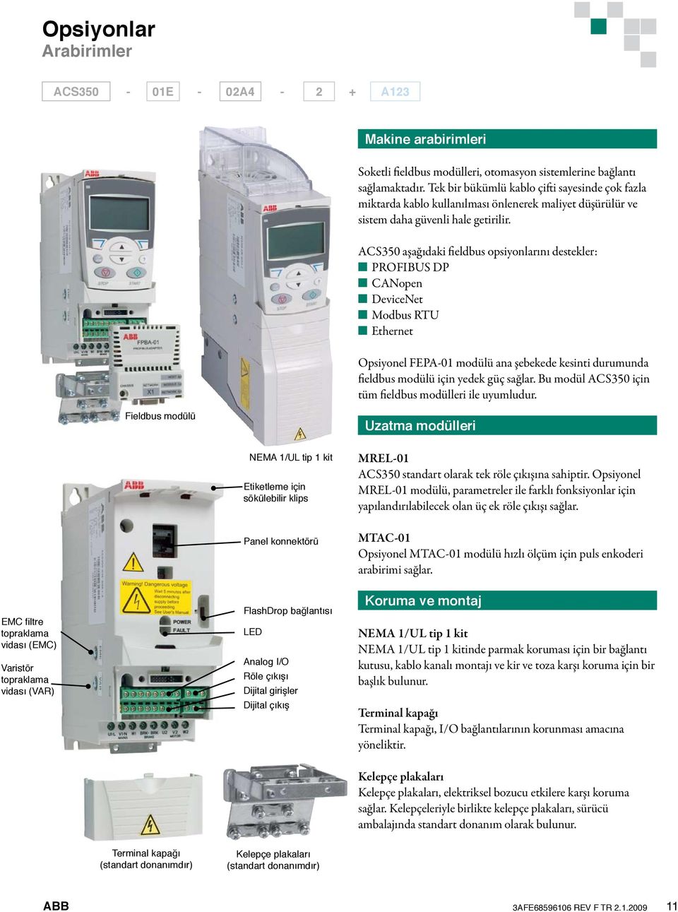 ACS350 aşağıdaki fieldbus opsiyonlarını destekler: PROFIBUS DP CANopen DeviceNet Modbus RTU Ethernet Opsiyonel FEPA-01 modülü ana şebekede kesinti durumunda fieldbus modülü için yedek güç sağlar.