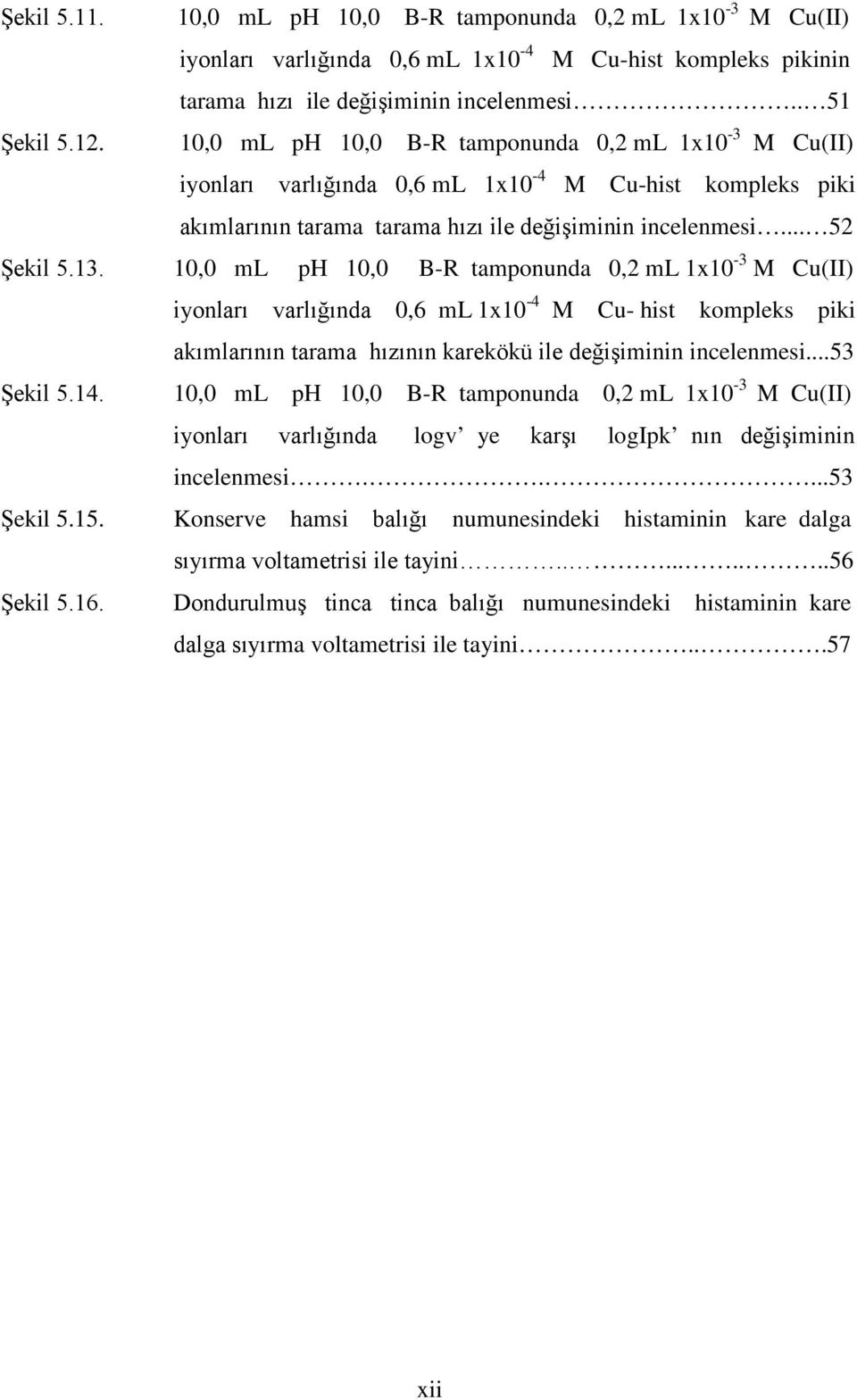 10,0 ml ph 10,0 B-R tamponunda 0,2 ml 1x10-3 M Cu(II) iyonları varlığında 0,6 ml 1x10-4 M Cu- hist kompleks piki akımlarının tarama hızının karekökü ile değişiminin incelenmesi...53 Şekil 5.14.