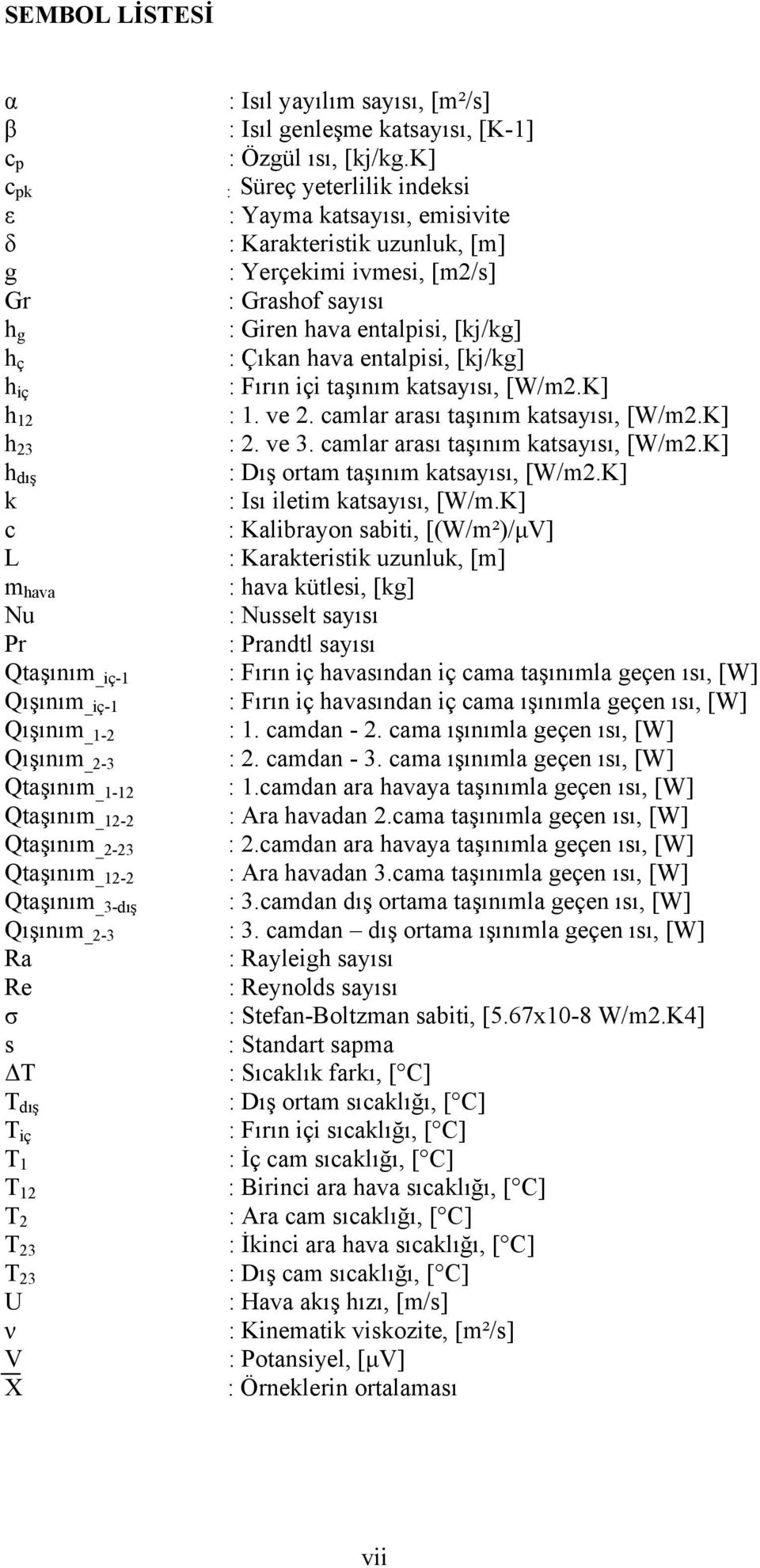 k] : Süreç yeterlilik indeksi : Yayma katsayısı, emisivite : Karakteristik uzunluk, [m] : Yerçekimi ivmesi, [m2/s] : Grashof sayısı : Giren hava entalpisi, [kj/kg] : Çıkan hava entalpisi, [kj/kg] :