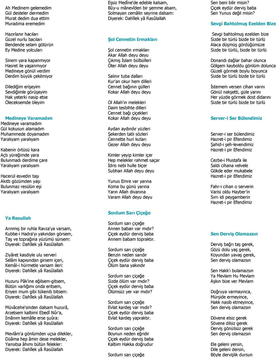 Muhammede doyamadım Yaralıyam yaralıyam Kabenin örtüsü kara Açtı yüreğimde yara Bulunmadı derdime çare Yaralıyam yaralıyam Hacerül esvedin taşı Akıttı gözümden yaşı Bulunmaz resülün eşi Yaralıyam