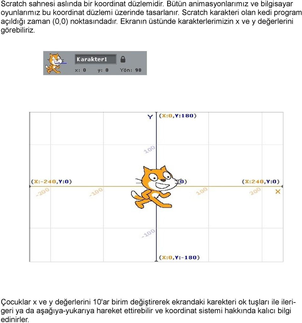 Scratch karakteri olan kedi program açıldığı zaman (0,0) noktasındadır.