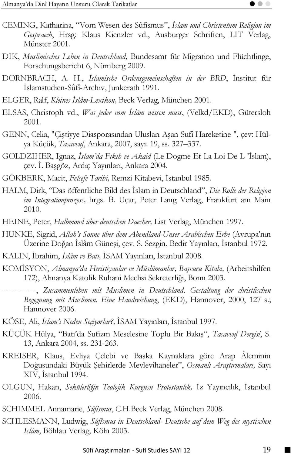 , İslamische Ordensgemeinschaften in der BRD, İnstitut für İslamstudien-Sûfî-Archiv, Junkerath 1991. ELGER, Ralf, Kleines İslâm-Lexikon, Beck Verlag, München 2001. ELSAS, Christoph vd.