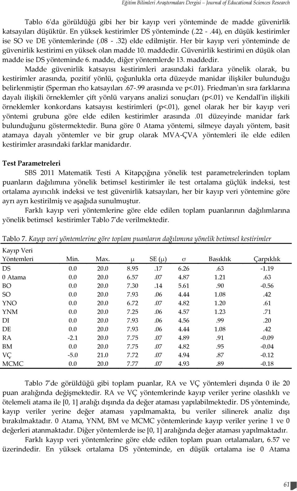 Her bir kayıp veri yönteminde de güvenirlik kestirimi en yüksek olan madde 10. maddedir.