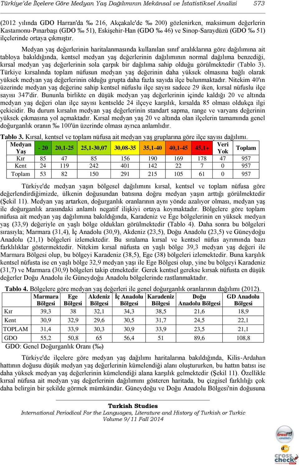 Medyan yaş değerlerinin haritalanmasında kullanılan sınıf aralıklarına göre dağılımına ait tabloya bakıldığında, kentsel medyan yaş değerlerinin dağılımının normal dağılıma benzediği, kırsal medyan