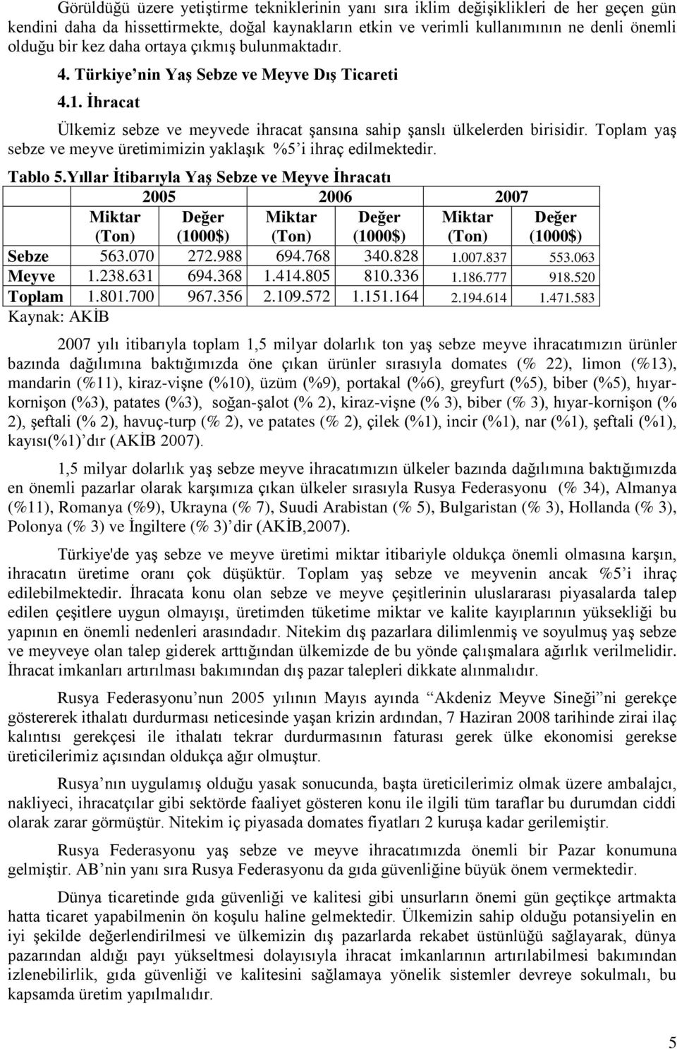 Toplam yaş sebze ve meyve üretimimizin yaklaşık %5 i ihraç edilmektedir. Tablo 5.