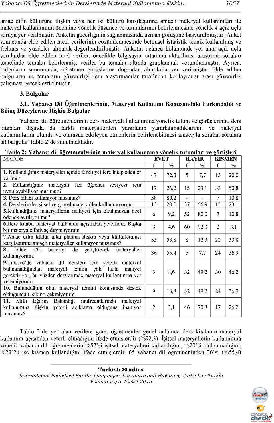 Anket sonucunda elde edilen nicel verilerinin çözümlenmesinde betimsel istatistik teknik kullanılmış ve frekans ve yüzdeler alınarak değerlendirilmiştir.