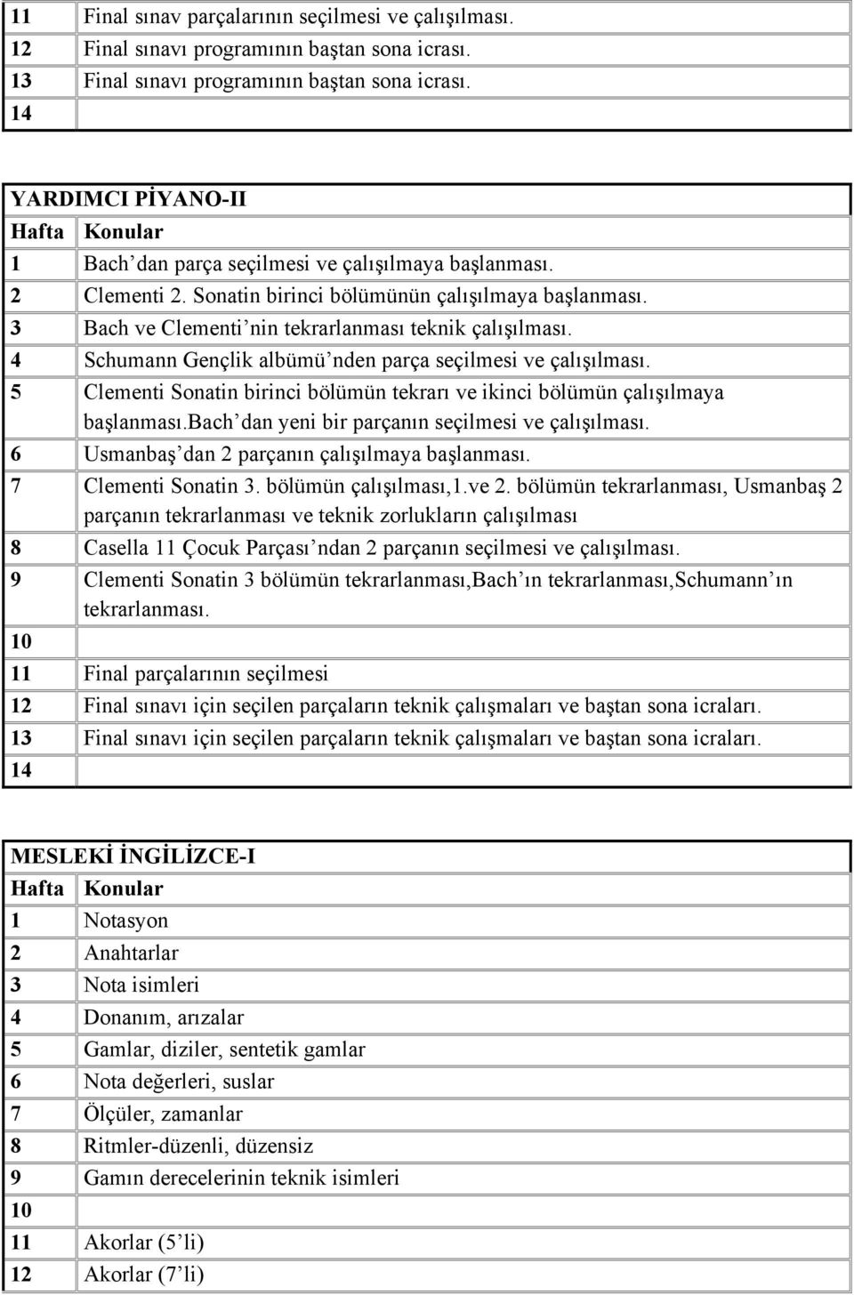 4 Schumann Gençlik albümü nden parça seçilmesi ve çalışılması. 5 Clementi Sonatin birinci bölümün tekrarı ve ikinci bölümün çalışılmaya başlanması.bach dan yeni bir parçanın seçilmesi ve çalışılması.