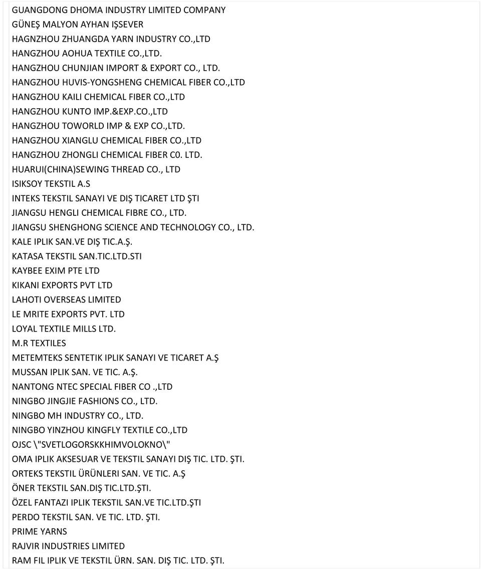 ,LTD HANGZHOU ZHONGLI CHEMICAL FIBER C0. LTD. HUARUI(CHINA)SEWING THREAD CO., LTD INTEKS TEKSTIL SANAYI VE DIŞ TICARET LTD ŞTI JIANGSU HENGLI CHEMICAL FIBRE CO., LTD. JIANGSU SHENGHONG SCIENCE AND TECHNOLOGY CO.