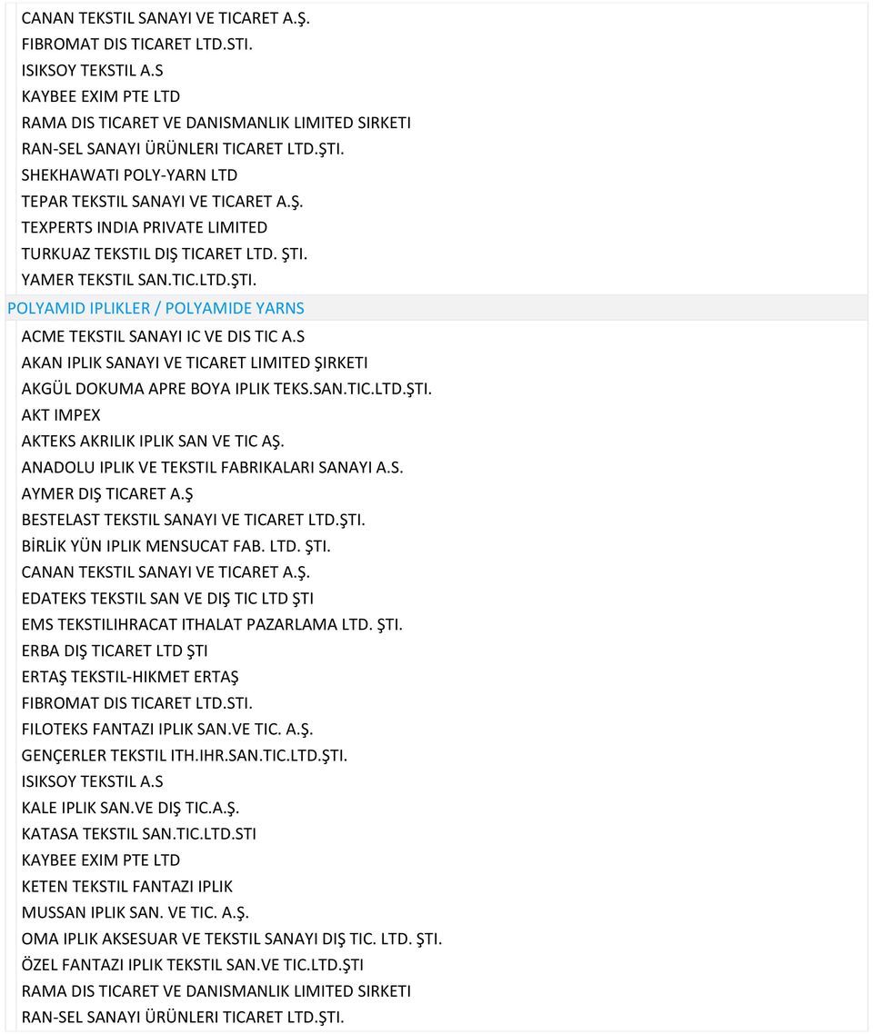 ANADOLU IPLIK VE TEKSTIL FABRIKALARI SANAYI A.S. AYMER DIŞ TICARET A.Ş BESTELAST TEKSTIL SANAYI VE TICARET LTD.ŞTI. BİRLİK YÜN IPLIK MENSUCAT FAB. LTD. ŞTI. CANAN TEKSTIL SANAYI VE TICARET A.Ş. EDATEKS TEKSTIL SAN VE DIŞ TIC LTD ŞTI EMS TEKSTILIHRACAT ITHALAT PAZARLAMA LTD.