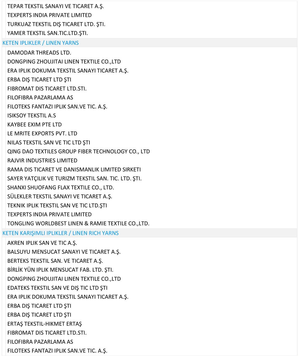 LTD NILAS TEKSTIL SAN VE TIC LTD ŞTI QING DAO TEXTILES GROUP FIBER TECHNOLOGY CO., LTD SAYER YATÇILIK VE TURIZM TEKSTIL SAN. TIC. LTD. ŞTI. SHANXI SHUOFANG FLAX TEXTILE CO., LTD. SÜLEKLER TEKSTIL SANAYI VE TICARET A.