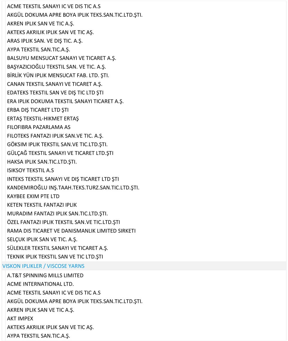 VE TIC.LTD.ŞTI. GÜLÇAĞ TEKSTIL SANAYI VE TICARET LTD.ŞTI HAKSA IPLIK SAN.TIC.LTD.ŞTI. INTEKS TEKSTIL SANAYI VE DIŞ TICARET LTD ŞTI KANDEMIROĞLU INŞ.TAAH.TEKS.TURZ.SAN.TIC.LTD.ŞTI. KETEN TEKSTIL FANTAZI IPLIK MURADIM FANTAZI IPLIK SAN.