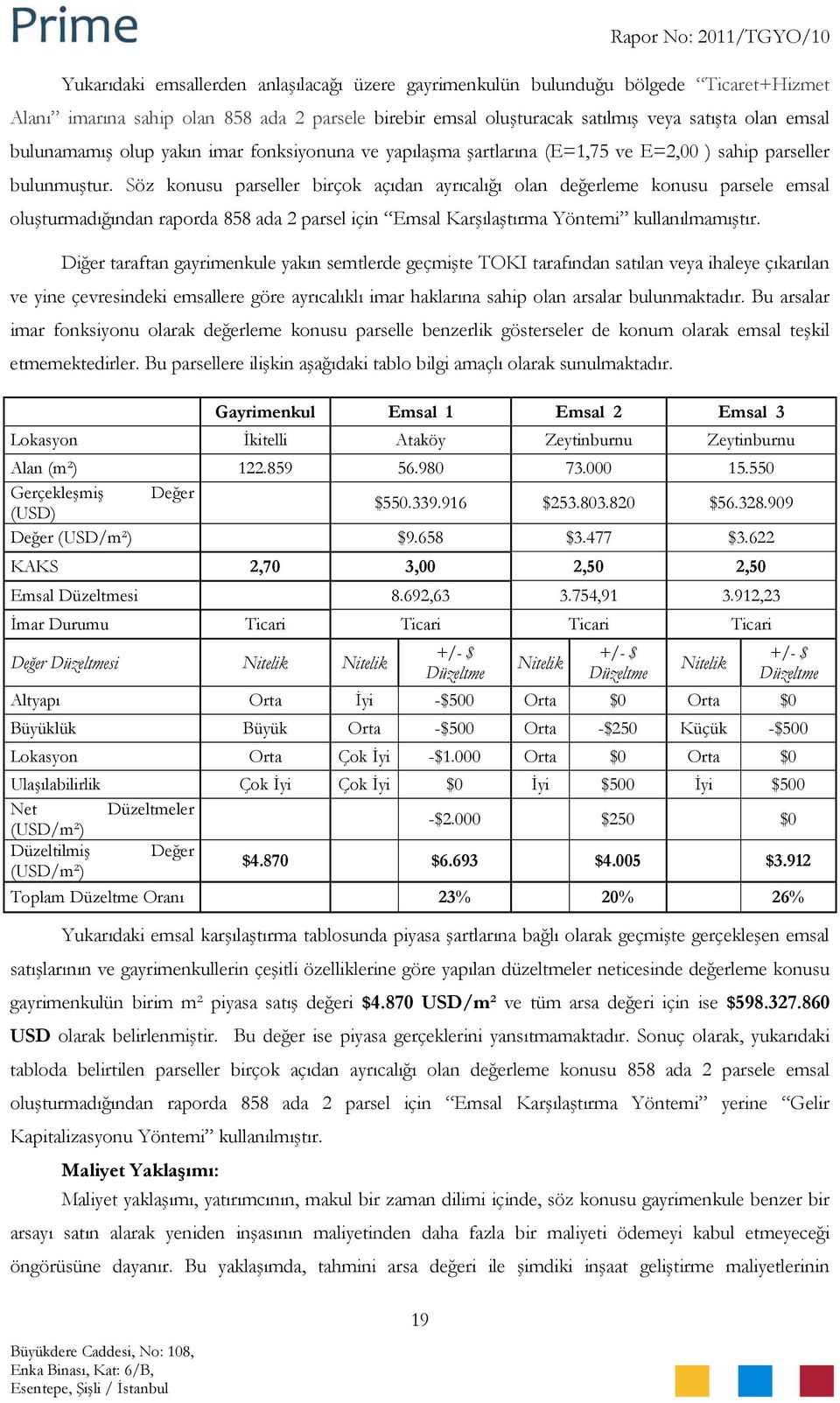 Söz konusu parseller birçok açıdan ayrıcalığı olan değerleme konusu parsele emsal oluşturmadığından raporda 858 ada 2 parsel için Emsal Karşılaştırma Yöntemi kullanılmamıştır.