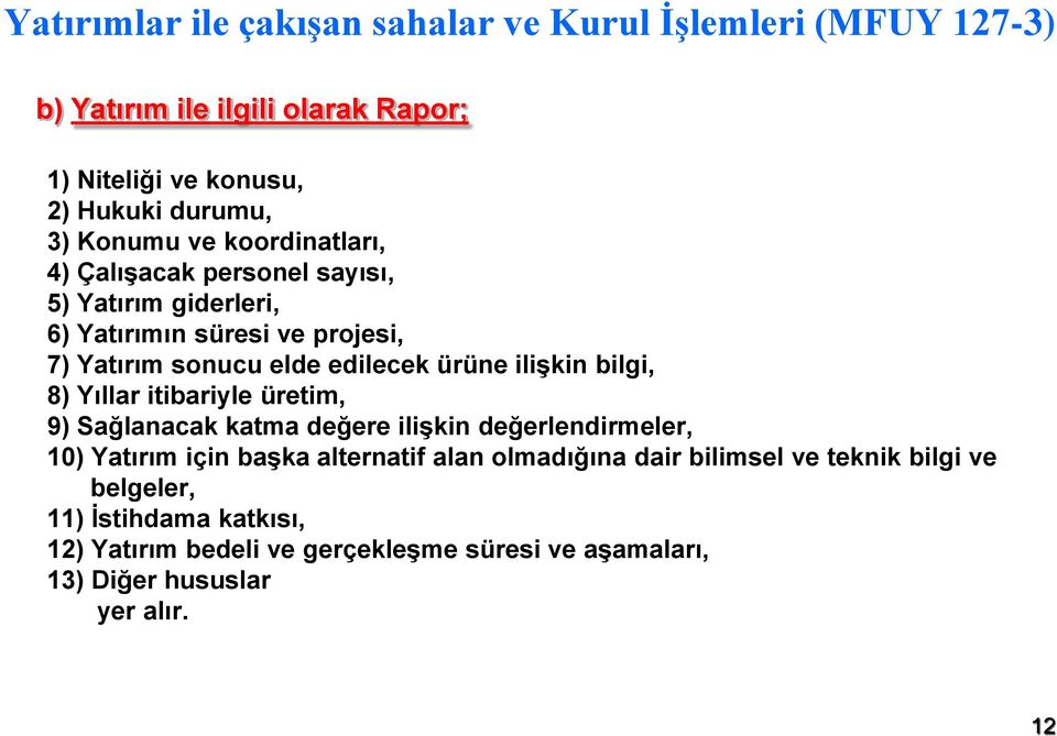 ilişkin bilgi, 8) Yıllar itibariyle üretim, 9) Sağlanacak katma değere ilişkin değerlendirmeler, 10) Yatırım için başka alternatif alan olmadığına