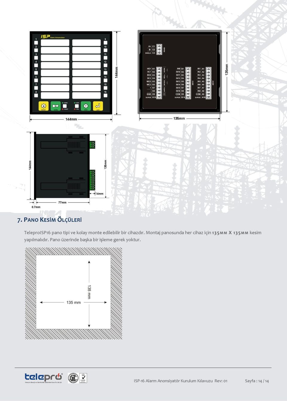 Montaj panosunda her cihaz için 135MM X 135MM kesim yapılmalıdır.