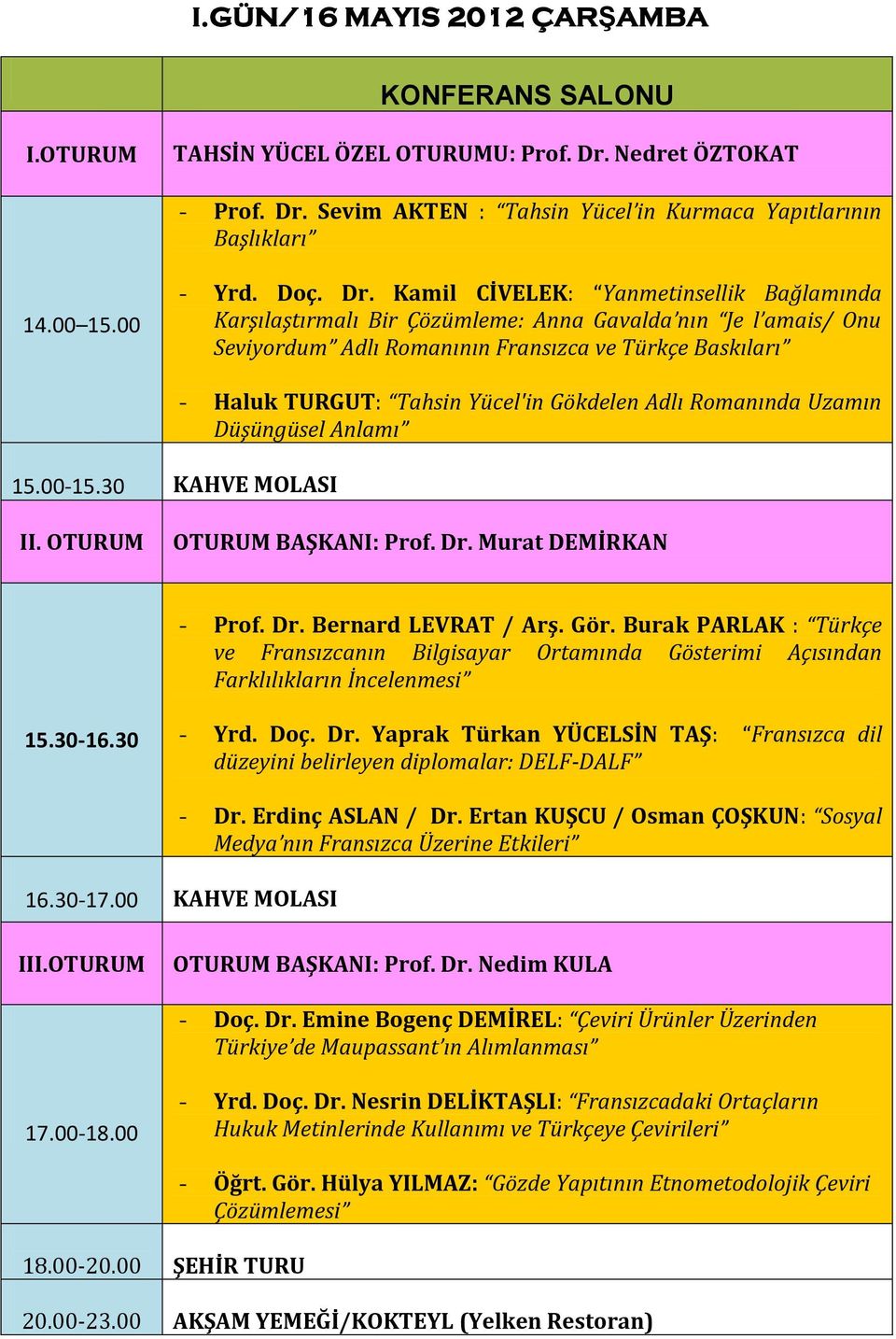 30 KAHVE MOLASI - Haluk TURGUT: Tahsin Yücel'in Gökdelen Adlı Romanında Uzamın Düşüngüsel Anlamı II. OTURUM OTURUM BAŞKANI: Prof. Dr. Murat DEMİRKAN - Prof. Dr. Bernard LEVRAT / Arş. Gör.