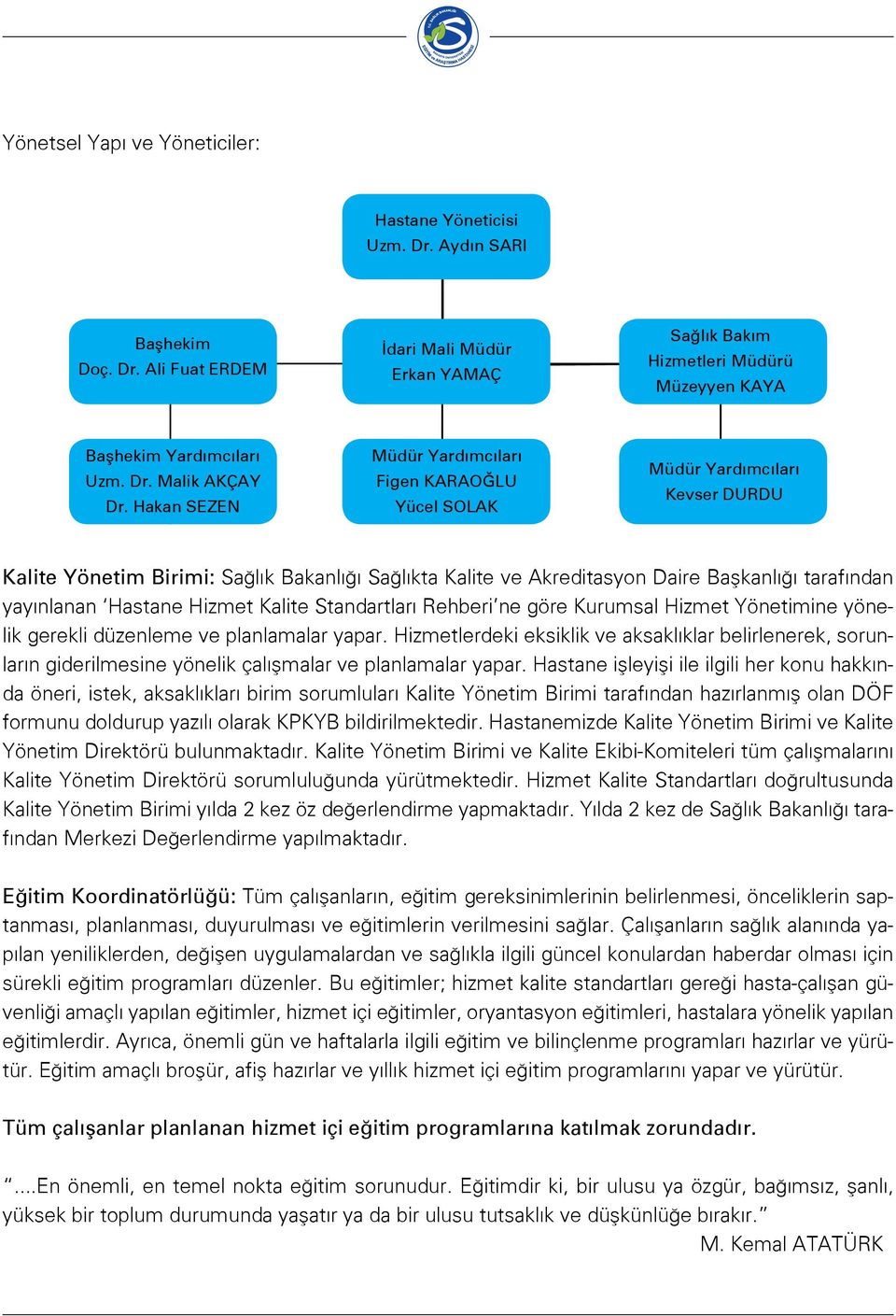 Hakan SEZEN Müdür Yardımcıları Figen KARAOĞLU Yücel SOLAK Müdür Yardımcıları Kevser DURDU Kalite Yönetim Birimi: Sağlık Bakanlığı Sağlıkta Kalite ve Akreditasyon Daire Başkanlığı tarafından