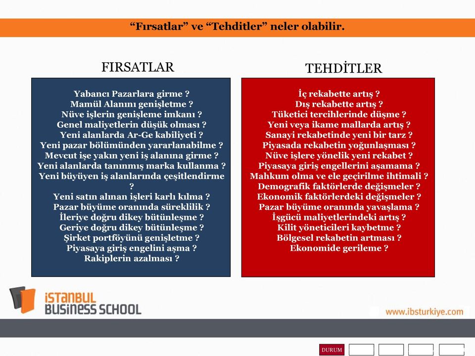 Pazar büyüme oranında süreklilik? İleriye doğru dikey bütünleşme? Geriye doğru dikey bütünleşme? Şirket portföyünü genişletme? Piyasaya giriş engelini aşma? Rakiplerin azalması?