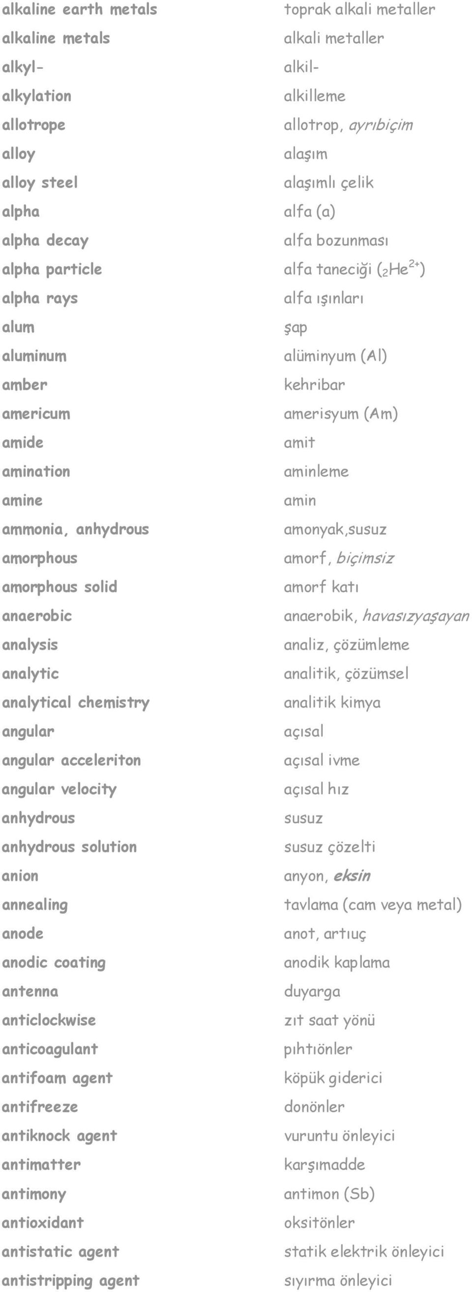 amine amin ammonia, anhydrous amonyak,susuz amorphous amorf, biçimsiz amorphous solid amorf katı anaerobic anaerobik, havasızyaşayan analysis analiz, çözümleme analytic analitik, çözümsel analytical